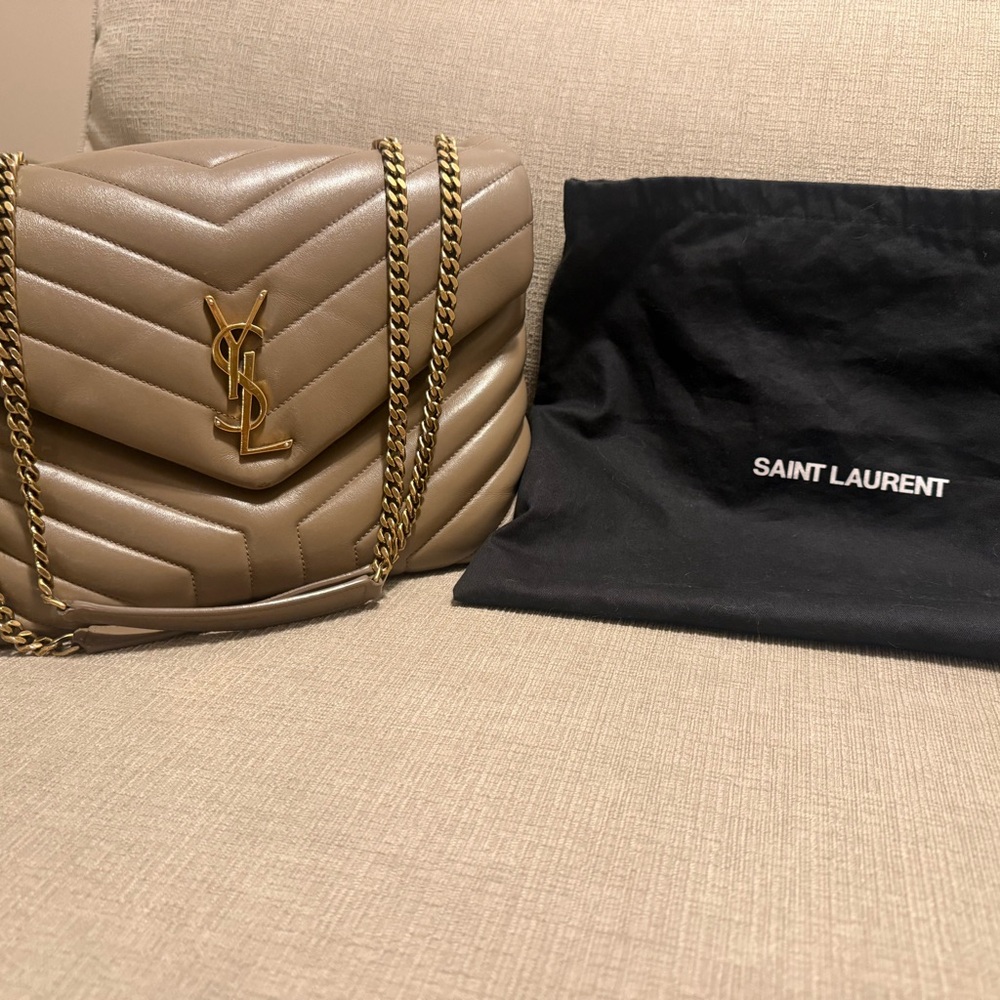 Saint Laurent Taupe Quilted Shoulder Bag with Gold Chain